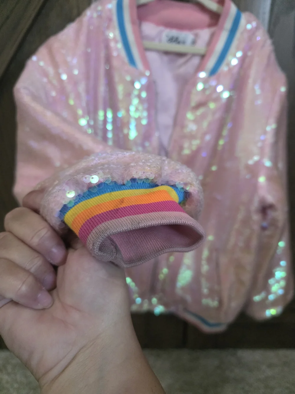 Lola + The Boys Pink Iridescent Sequin Bomber Jacket with Blue & White Trim
